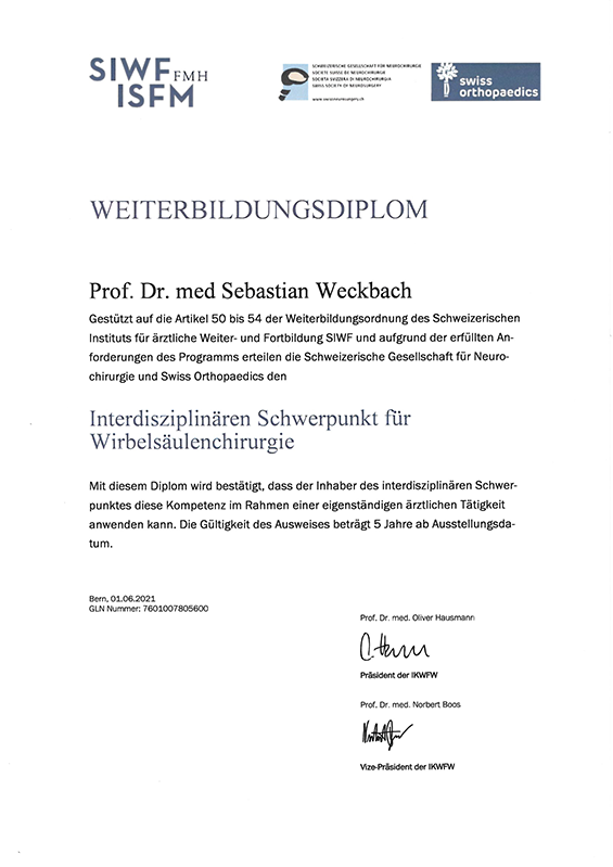 Weiterbildungsdiplom Interdisziplinärer Schwerpunkt für Wirbelsäulenchirurgie | Prof. Weckbach