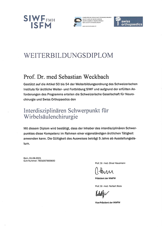 Weiterbildungsdiplom Interdisziplinärer Schwerpunkt für Wirbelsäulenchirurgie | Prof. Weckbach Weiterbildungsdiplom Interdisziplinärer Schwerpunkt für Wirbelsäulenchirurgie | Prof. Weckbach